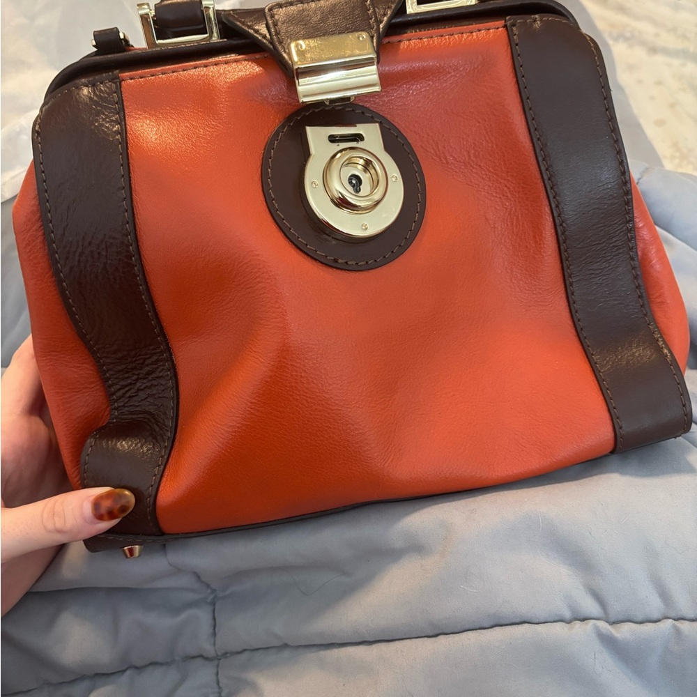 Stylish Orange and Brown Satchel with Gold Clasp